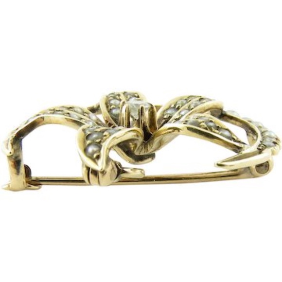 Vintage 10 Karat Yellow Gold Seed Pearl and Diamond Brooch/Pin #4367 - Picture 2 of 6